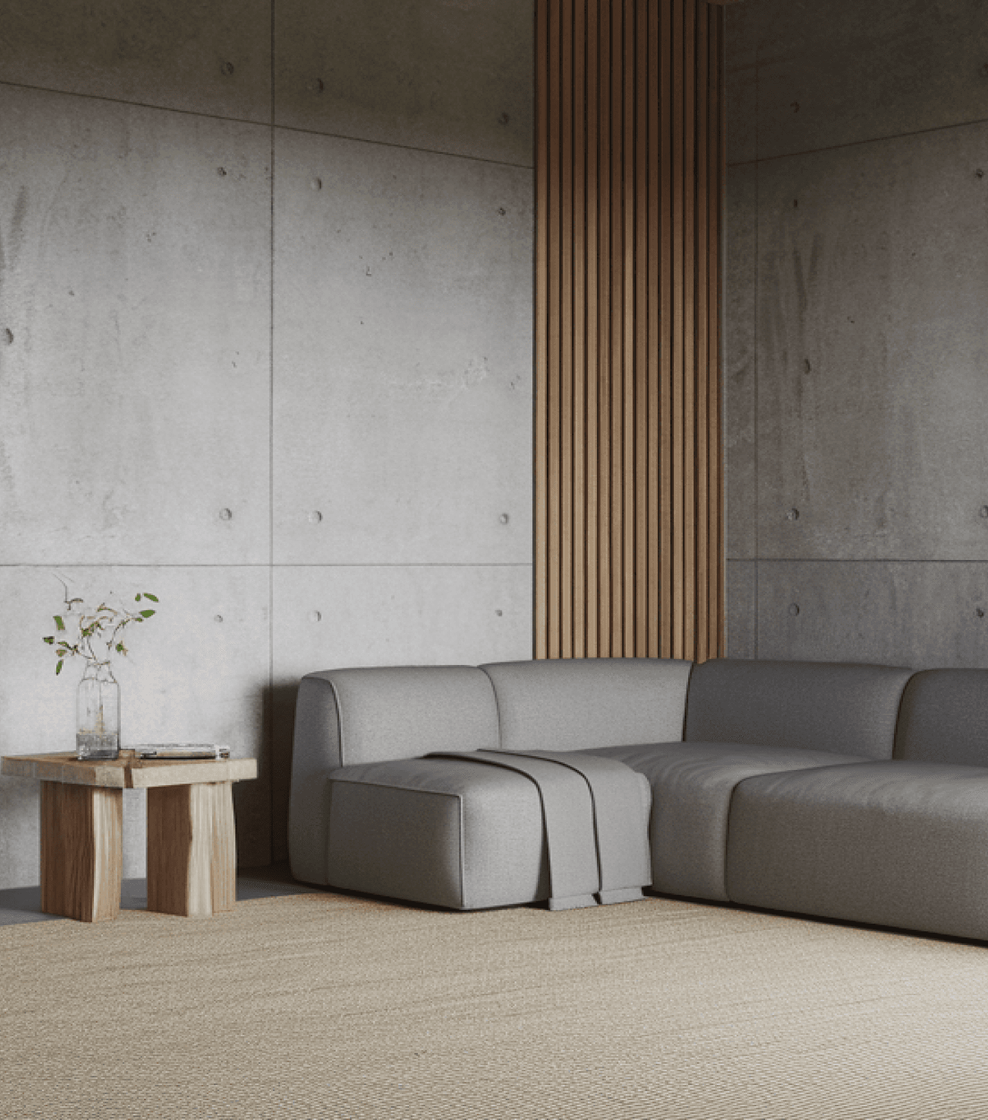 Living room with dark gray corner sofa and coffee table